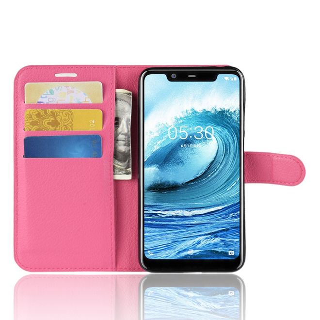 Nokia 5.1 Plus Handy Hülle - Litchi Leder Bookcover Series - rosa