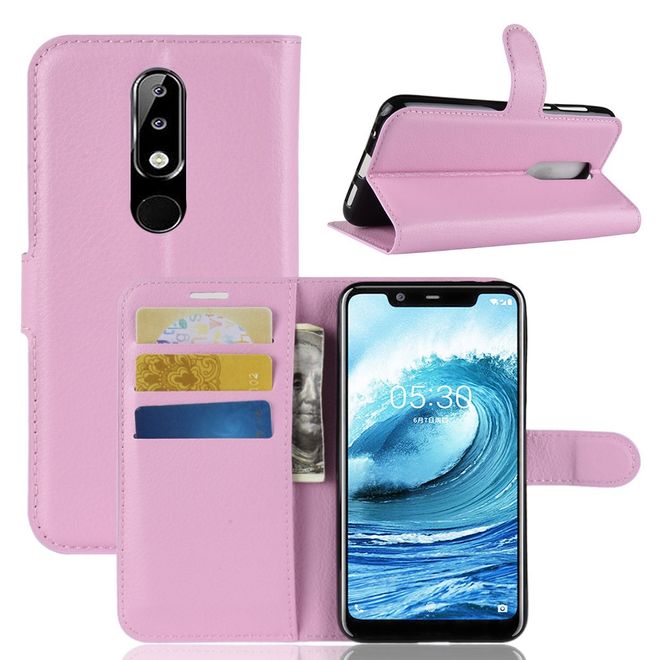 Nokia 5.1 Plus Handy Hülle - Litchi Leder Bookcover Series - pink