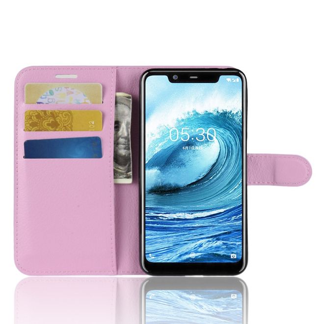 Nokia 5.1 Plus Handy Hülle - Litchi Leder Bookcover Series - pink