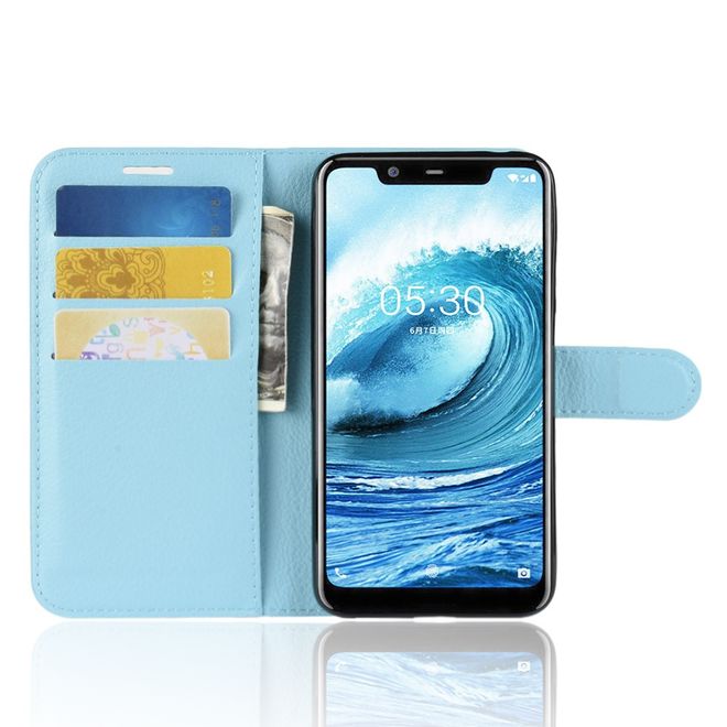 Nokia 5.1 Plus Handy Hülle - Litchi Leder Bookcover Series - hellblau