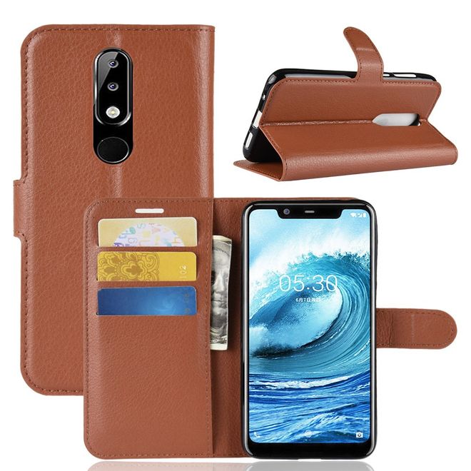 Nokia 5.1 Plus Handy Hülle - Litchi Leder Bookcover Series - braun
