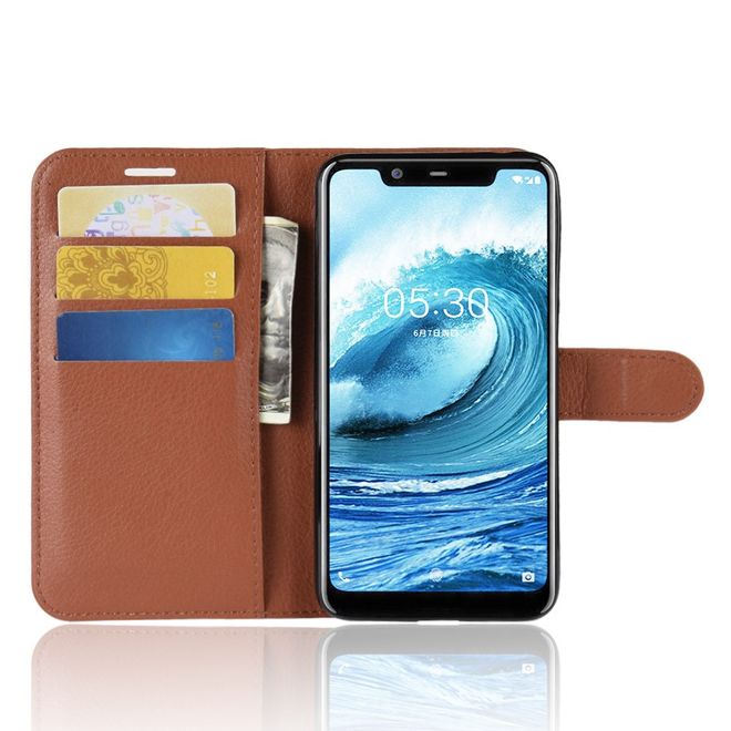 Nokia 5.1 Plus Handy Hülle - Litchi Leder Bookcover Series - braun