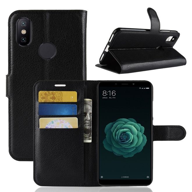 Xiaomi Mi A2 Handy Hülle - Litchi Leder Bookcover Series - schwarz