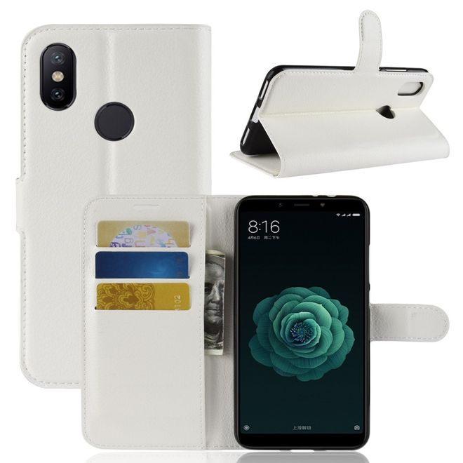 Xiaomi Mi A2 Handy Hülle - Litchi Leder Bookcover Series - weiss