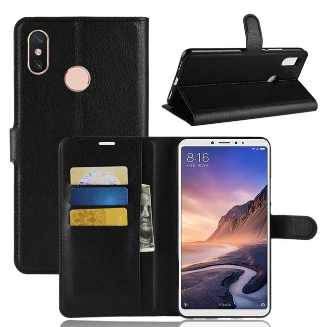 Xiaomi Mi Max 3 Handy Hülle - Litchi Leder Bookcover Series - schwarz