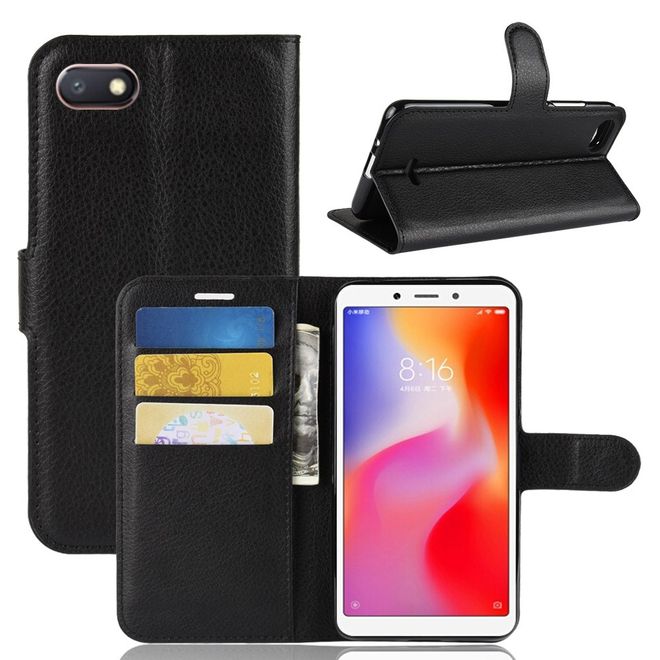 Xiaomi Redmi 6A Handy Hülle - Litchi Leder Bookcover Series - schwarz