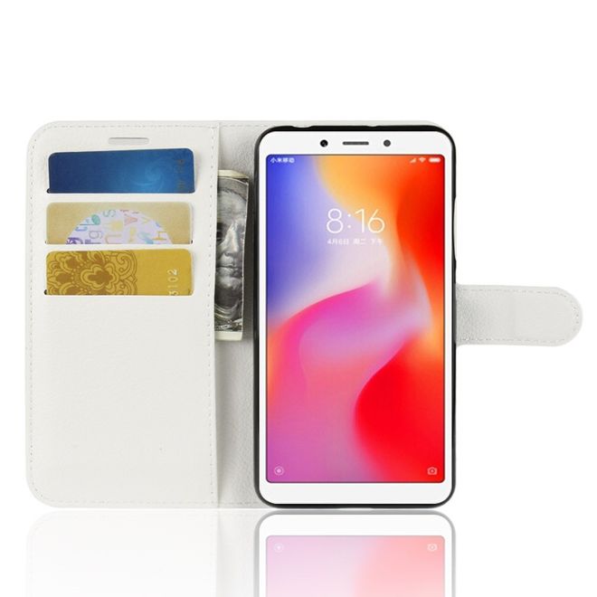 Xiaomi Redmi 6A Handy Hülle - Litchi Leder Bookcover Series - weiss