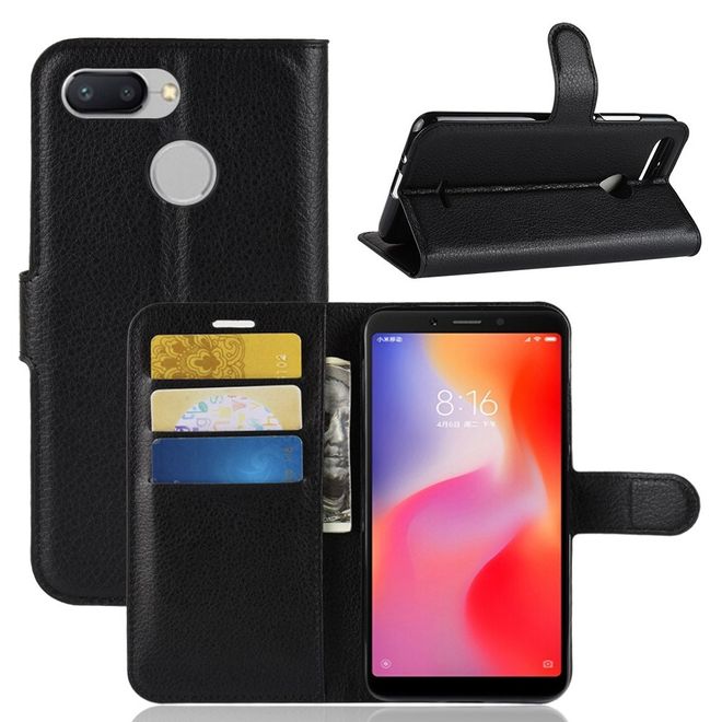 Xiaomi Redmi 6 Handy Hülle - Litchi Leder Bookcover Series - schwarz