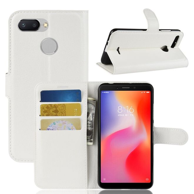Xiaomi Redmi 6 Handy Hülle - Litchi Leder Bookcover Series - weiss