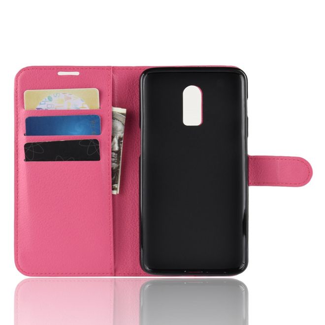 OnePlus 6T Handy Hülle - Litchi Leder Bookcover Series - rosa