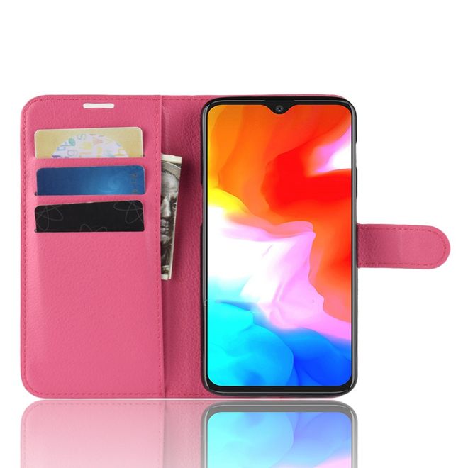 OnePlus 6T Handy Hülle - Litchi Leder Bookcover Series - rosa