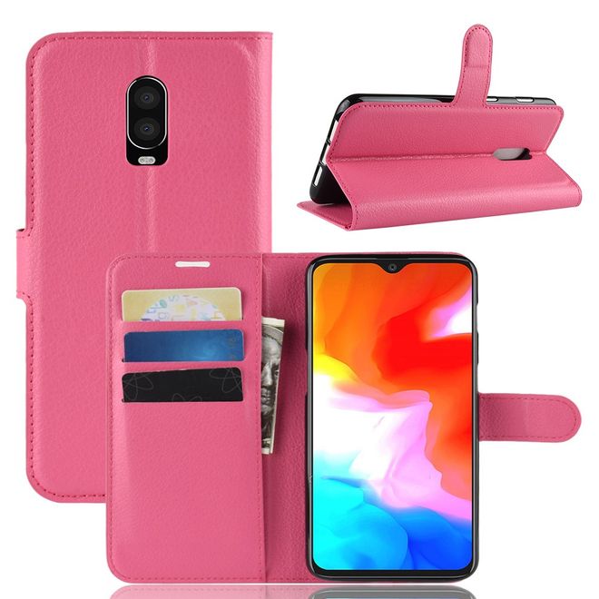 OnePlus 6T Handy Hülle - Litchi Leder Bookcover Series - rosa