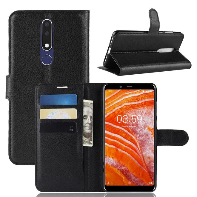 Nokia 3.1 Plus Handy Hülle - Litchi Leder Bookcover Series - schwarz