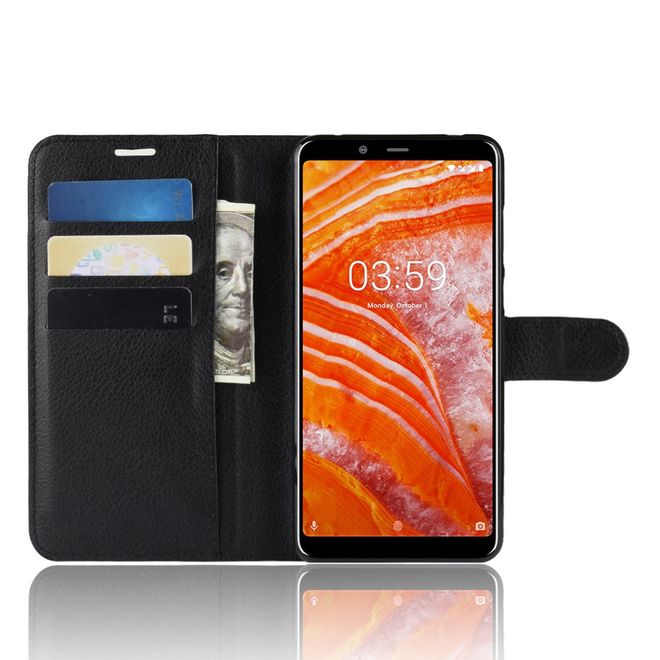Nokia 3.1 Plus Handy Hülle - Litchi Leder Bookcover Series - schwarz