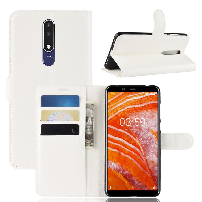 Nokia 3.1 Plus Handy Hülle - Litchi Leder Bookcover Series - weiss