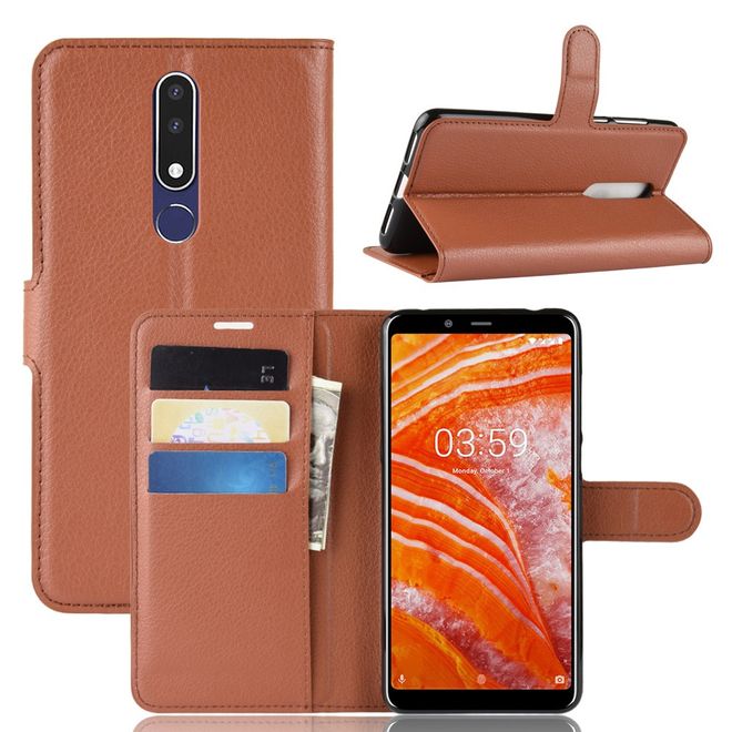 Nokia 3.1 Plus Handy Hülle - Litchi Leder Bookcover Series - braun