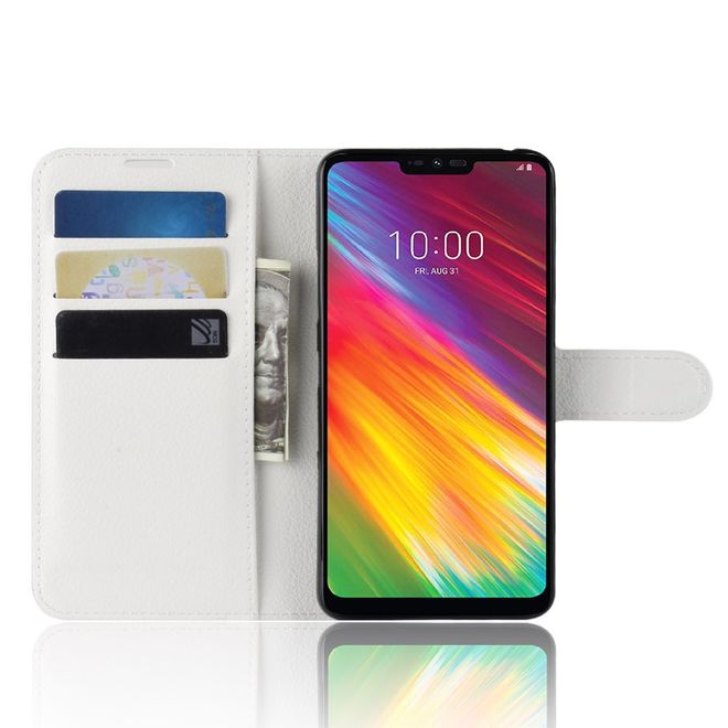 Étui pour LG G7 Fit - Collection Litchi Leather Bookcover - Blanc