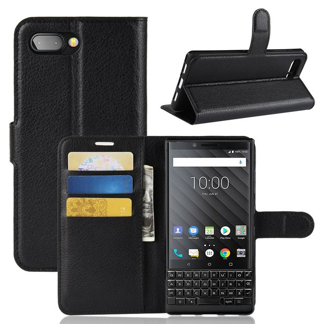 BlackBerry Key2 Handy Hülle - Litchi Leder Bookcover Series - schwarz