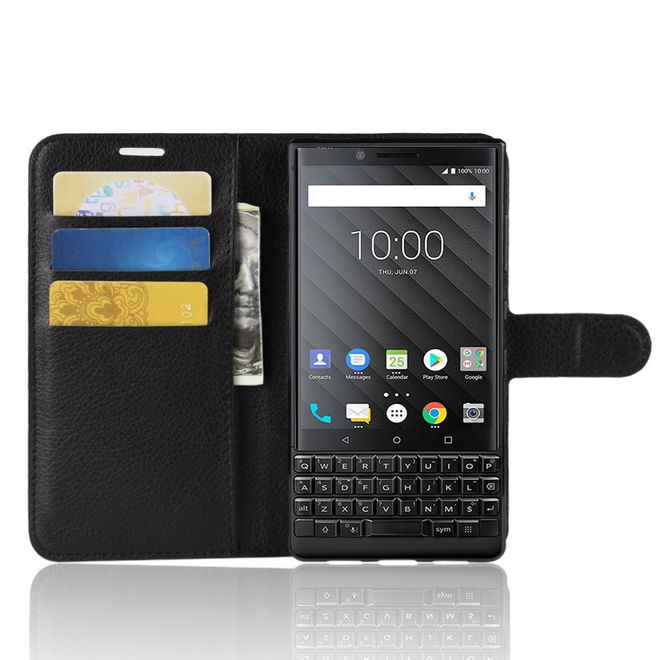 BlackBerry Key2 Handy Hülle - Litchi Leder Bookcover Series - schwarz
