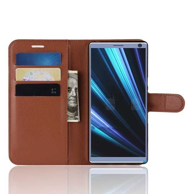 Sony Xperia 10 Plus Handy Hülle - Litchi Leder Bookcover Series - braun