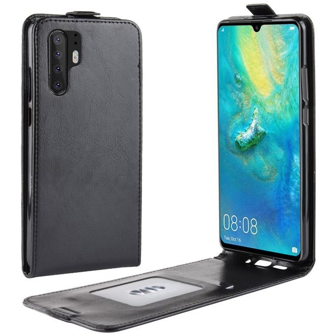 Huawei P30 Pro Handyhülle - Crazy Horse Leder Flipcase - vertikal - schwarz