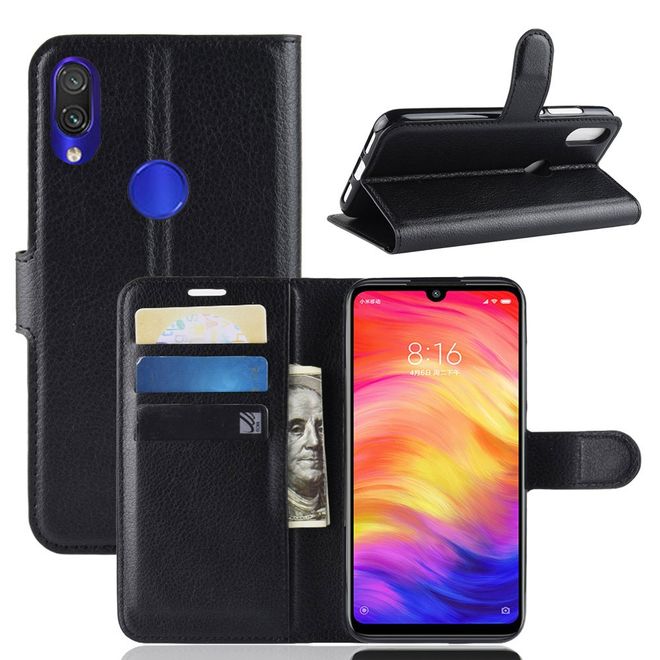 Xiaomi Redmi Note 7 Handy Hülle - Litchi Leder Bookcover Series - schwarz