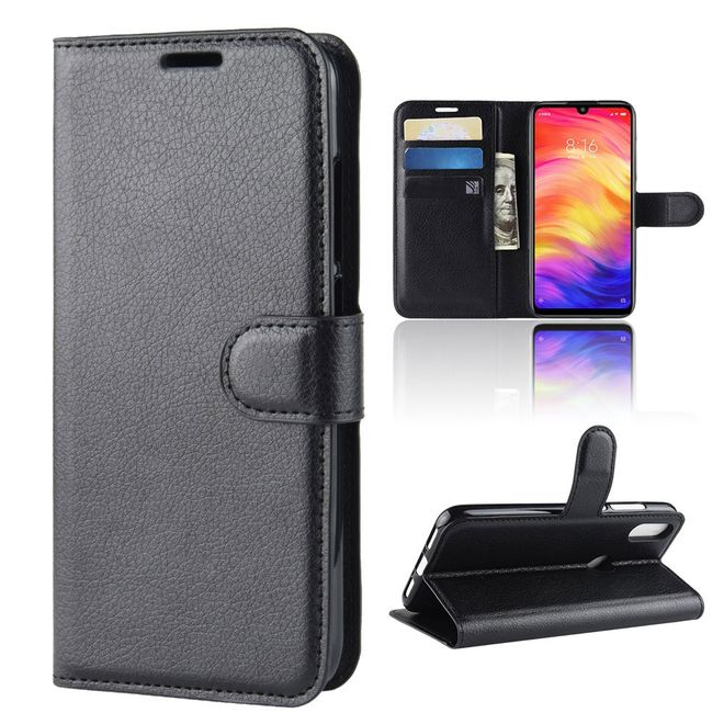 Xiaomi Redmi Note 7 Handy Hülle - Litchi Leder Bookcover Series - schwarz