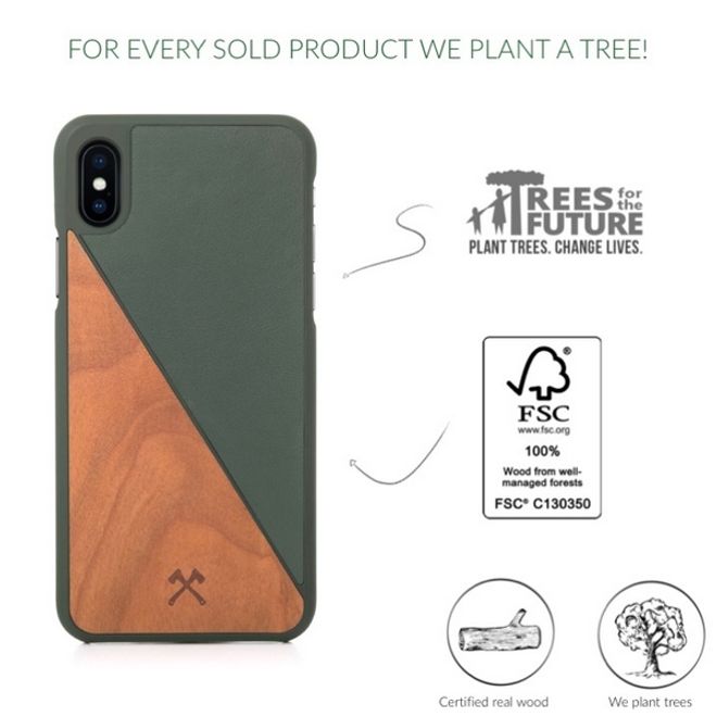 WOODCESSORIES - iPhone XS Max Handyhülle - Kirschholz/Leder Backcover - EcoSplit - Grün