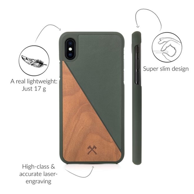 WOODCESSORIES - iPhone XS Max Handyhülle - Kirschholz/Leder Backcover - EcoSplit - Grün