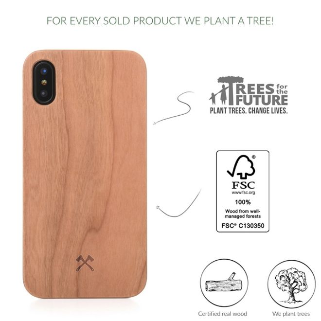 WOODCESSORIES - iPhone XS Max Handyhülle - Echtholz Backcover - EcoCase Caspar - Kirschfarben/Schwarz