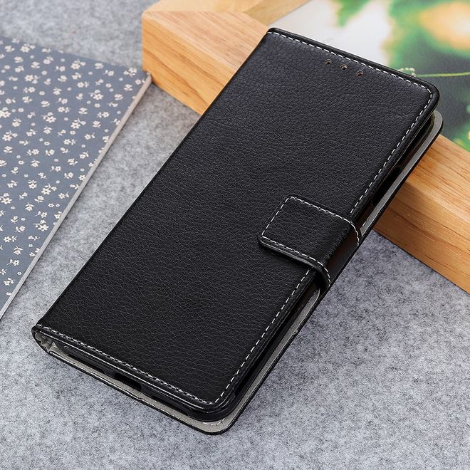 LG V50 ThinQ 5G Handy Hülle - Litchi Leder Bookcover II Series - schwarz