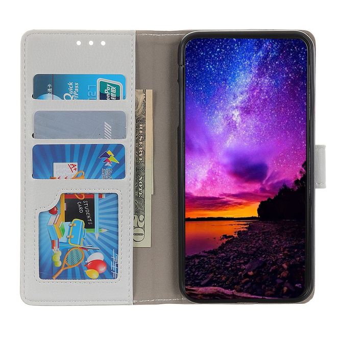 LG V50 ThinQ 5G Handy Hülle - Litchi Leder Bookcover II Series - weiss