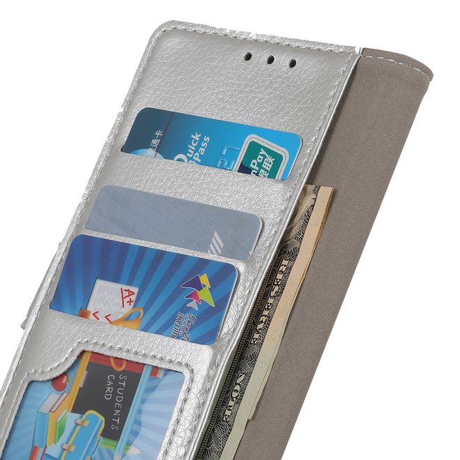 LG V50 ThinQ 5G Handy Hülle - Litchi Leder Bookcover II Series - silber