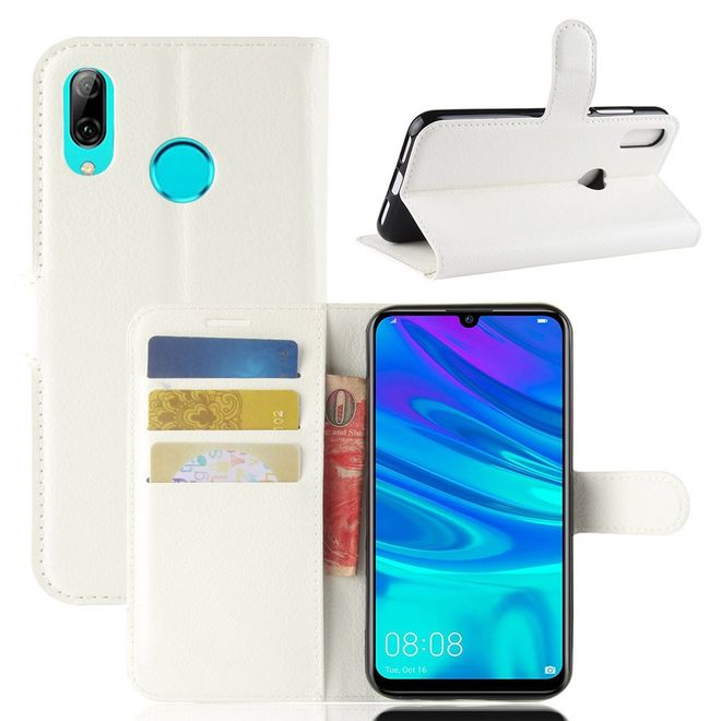 Huawei Y7 (2019) Handy Hülle - Litchi Leder Bookcover Series - weiss