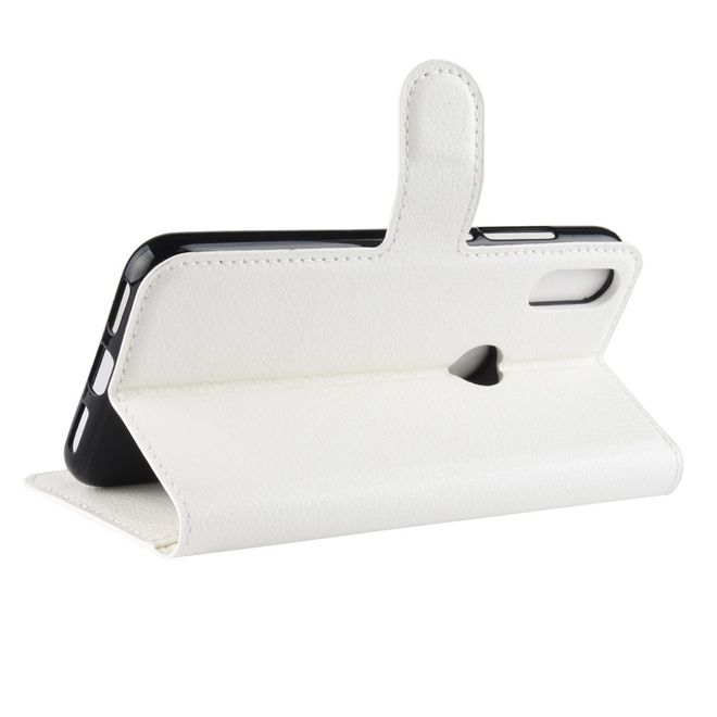 Huawei Y7 (2019) Handy Hülle - Litchi Leder Bookcover Series - weiss