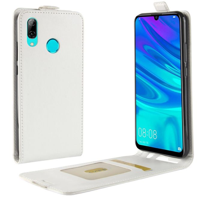 Huawei Y7 (2019) Handyhülle - Crazy Horse Leder Flipcase - vertikal - weiss