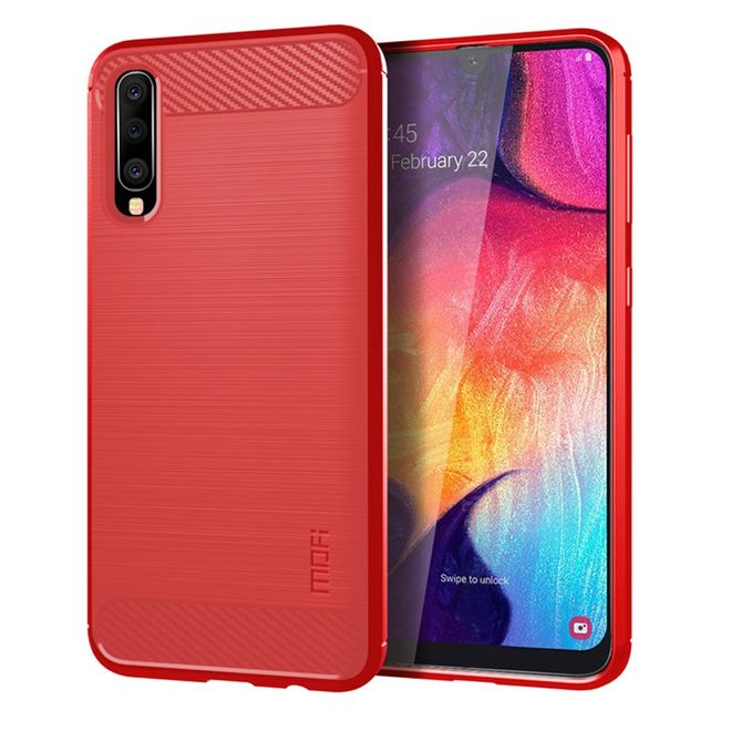 Mofi - Samsung Galaxy A70 Hülle - TPU Softcase - Carbon Fiber Series - rot
