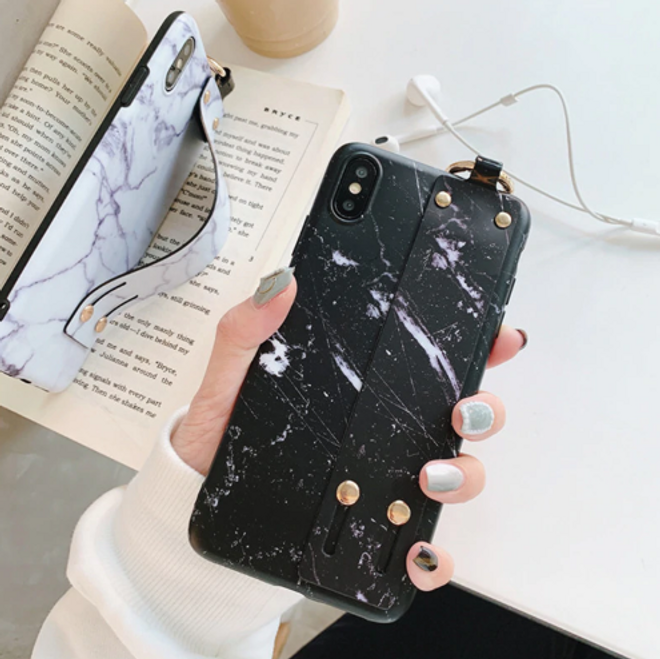 iPhone XS / X Case - Softcase with Hand Strap - TPU Strap Series - Black Marble