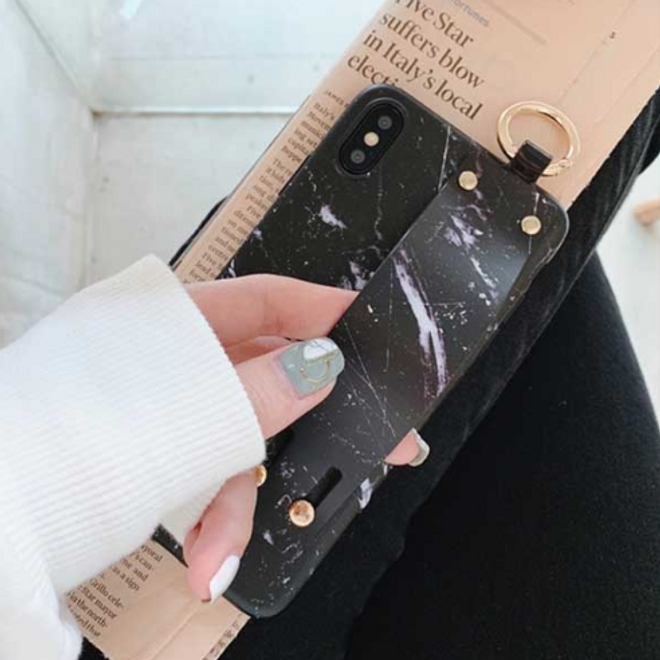 iPhone XS / X Case - Softcase with Hand Strap - TPU Strap Series - Black Marble