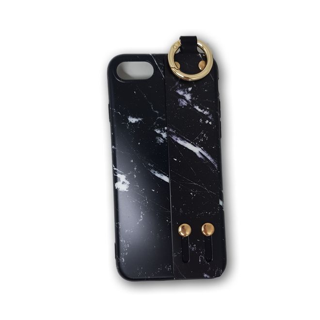 iPhone SE (2022) / SE (2020) / 8 / 7 Case - Soft Case with Hand Strap - TPU Strap Series - Black Marble