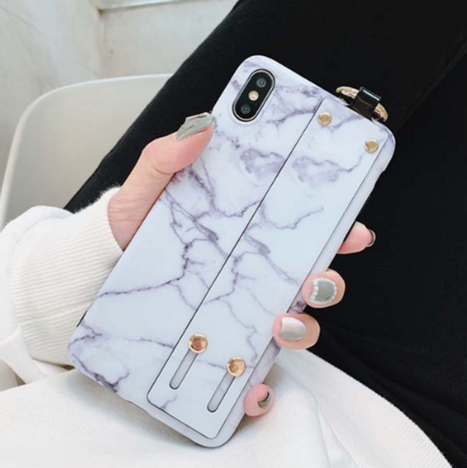 iPhone XS / X Case - Softcase with Hand Strap - TPU Strap Series - White Marble