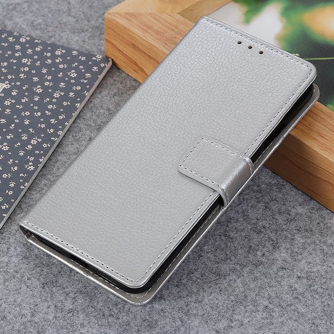 LG G8 ThinQ Phone Case - Litchi Leather Bookcover II Series - Silver
