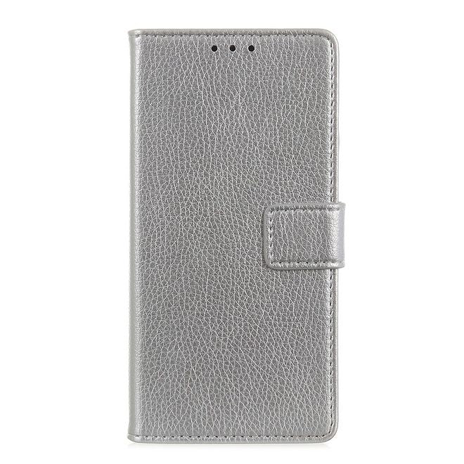 LG G8 ThinQ Phone Case - Litchi Leather Bookcover II Series - Silver