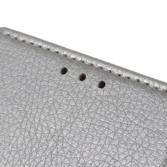 LG G8 ThinQ Phone Case - Litchi Leather Bookcover II Series - Silver