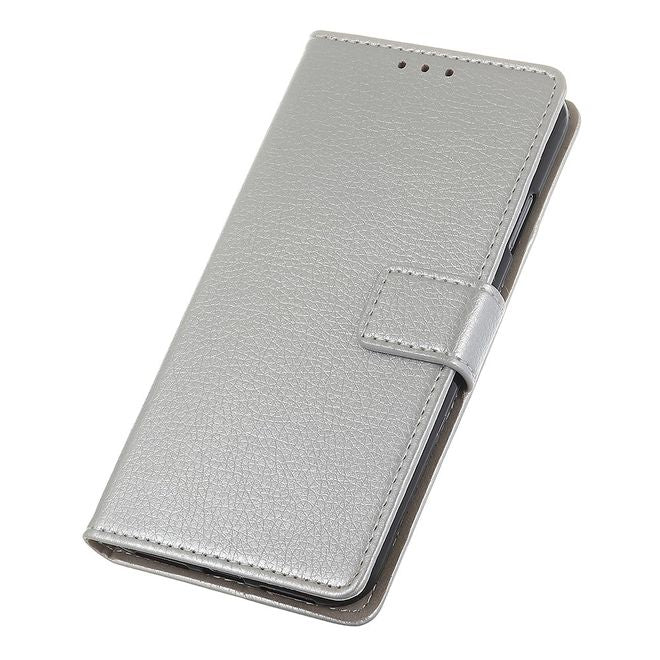 LG G8 ThinQ Phone Case - Litchi Leather Bookcover II Series - Silver