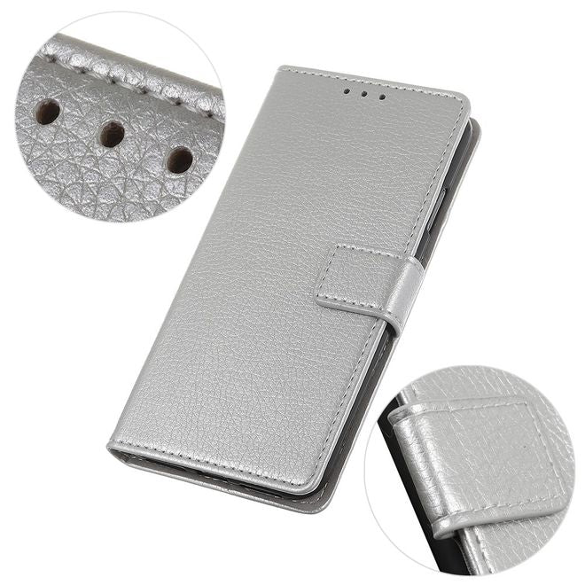 LG G8 ThinQ Phone Case - Litchi Leather Bookcover II Series - Silver