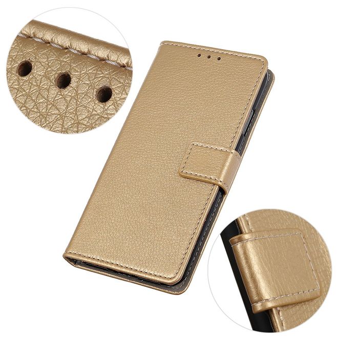 LG G8 ThinQ Phone Case - Litchi Leather Bookcover II Series - Gold