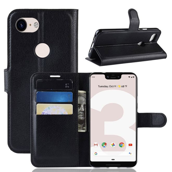 Google Pixel 3a XL Handy Hülle - Litchi Leder Bookcover Series - schwarz