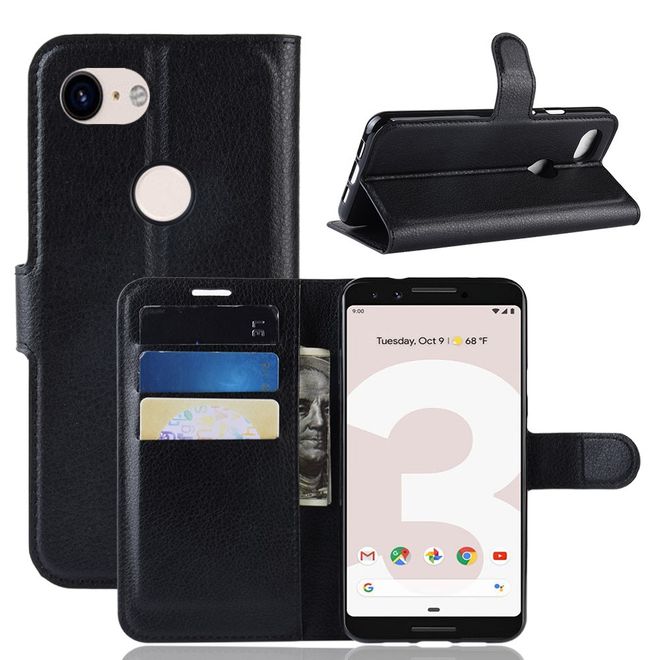 Google Pixel 3a Handy Hülle - Litchi Leder Bookcover Series - schwarz