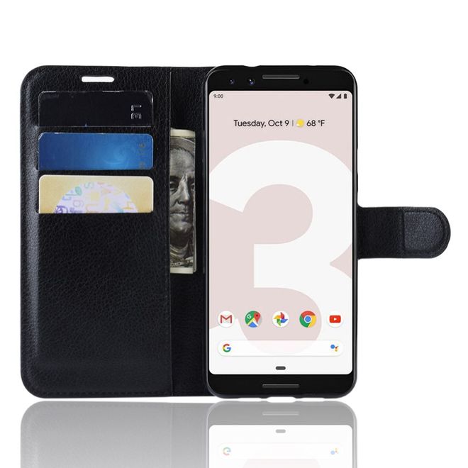 Google Pixel 3a Handy Hülle - Litchi Leder Bookcover Series - schwarz